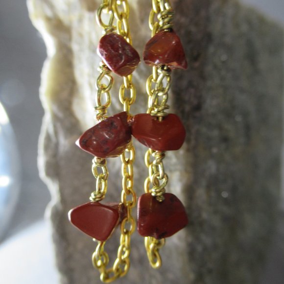 Red Jasper Rain Chain Earrings, Natural Jasper on Brass - Picture 3 of 5